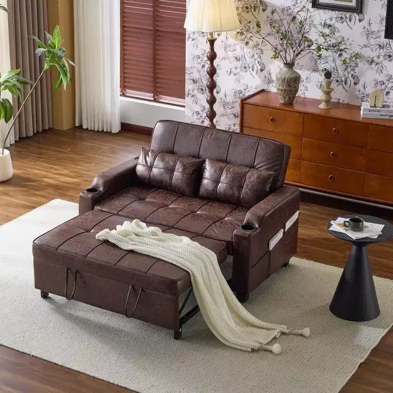 Gepolsterte, umwandelbare Schlafcouch mit Relaxfunktion aus Cat's-Claw-Leder, Kissen inklusive, für kleine Räume