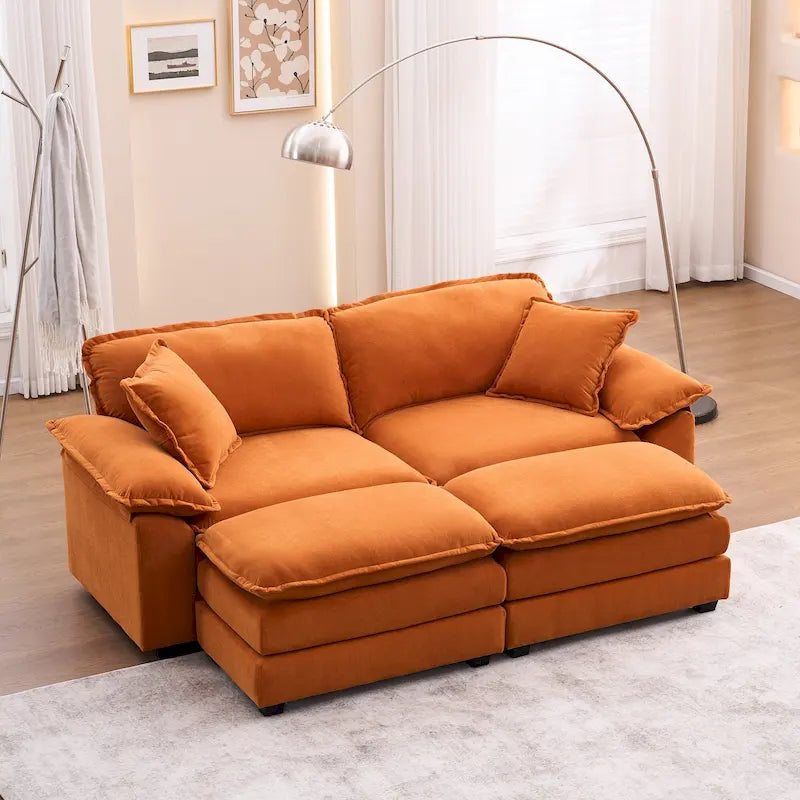 2-Sitzer-Sofa mit 2 Sitzkissen, 2 Kissen und 2 Hockern, bequemes Sofa - tiefes Sofa fürs Wohnzimmer, modulares Sofa