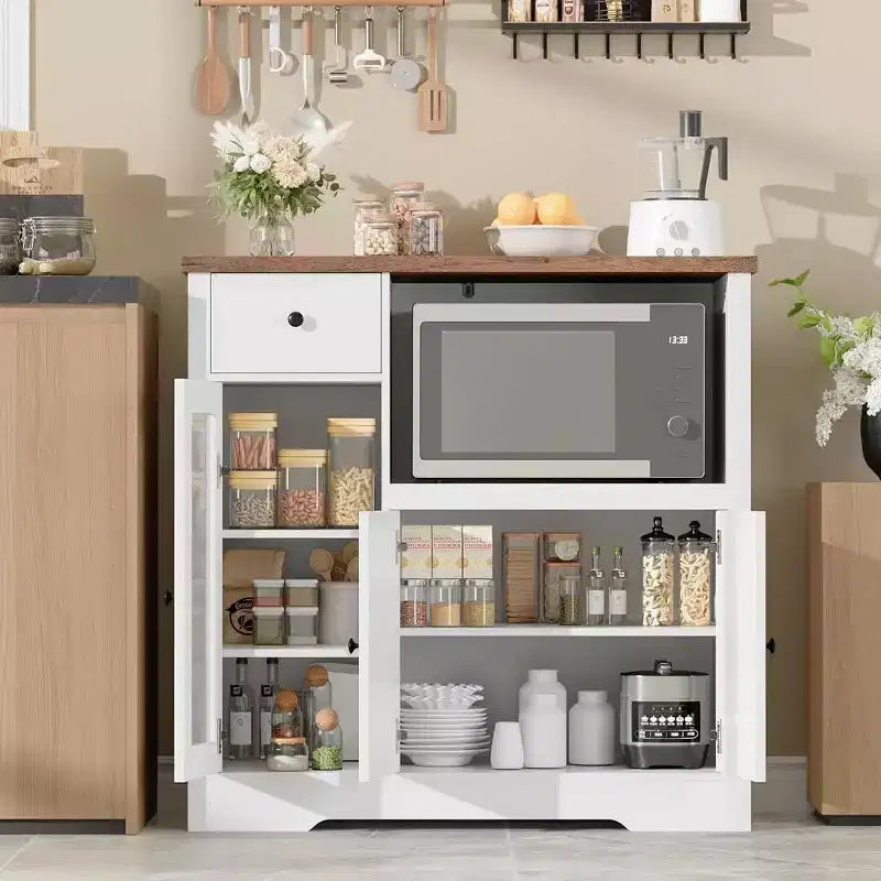 Mobile da cucina per microonde con vani contenitori, 3 ante, 1 cassetto e ripiani regolabili, dispensa