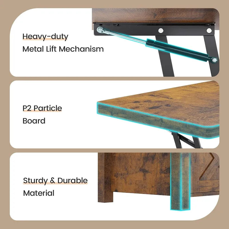 Table basse relevable avec 2 portes coulissantes de style grange, rangement et table à manger
