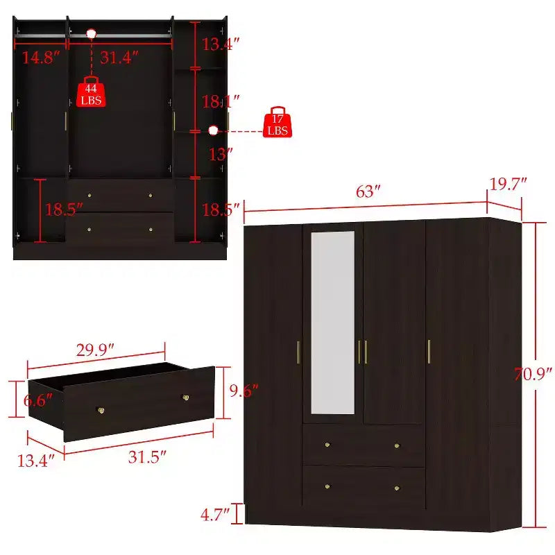 Armoire Hitow avec 2 grands tiroirs, espace central pour suspendre les vêtements et miroir, style minimaliste