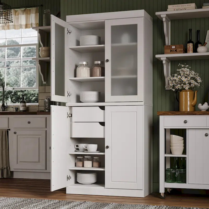 Credenza dispensa in legno massello al 100% con ante in vetro satinato, ante piene, 2 cassetti e ripiani regolabili