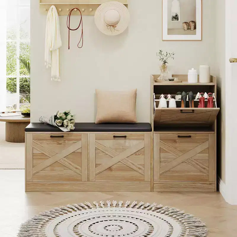 Banc avec 4 tiroirs rabattables et coussin d'assise rembourré, meuble étroit en bois pour ranger les chaussures, idéal comme banc d'entrée pour le salon