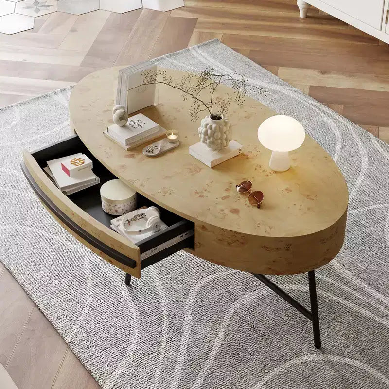 Ovaler Couchtisch mit Schublade, Mid-Century-Modern-Beistelltisch, 47.2, Couchtisch aus Holz mit Stauraum und gekreuzten Metallbeinen, geschwungenes Design