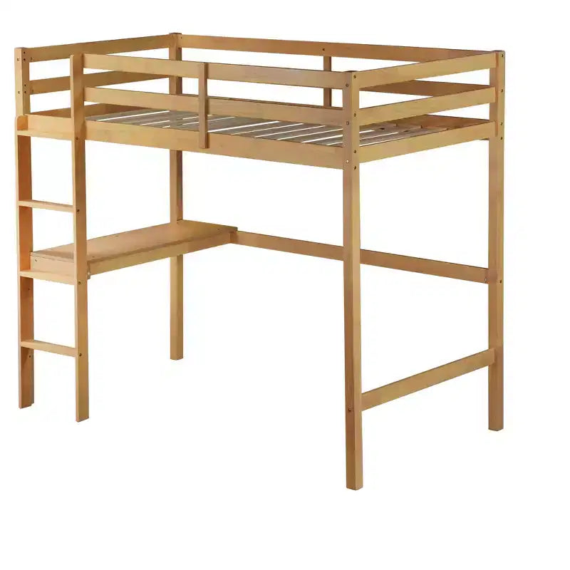 Okak minimalistisch hoogslaper met ladder, hoogslaper van rubberhout voor één persoon met veiligheidsreling en ingebouwd bureau, bedframes voor kinderen en tieners