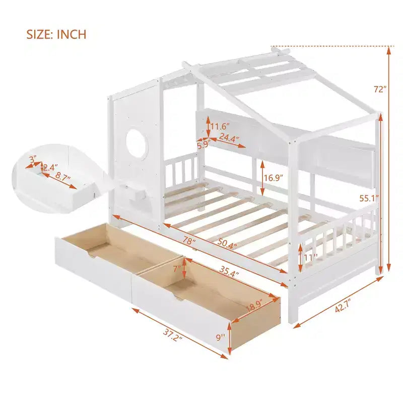 Lit cabane en bois format simple/double avec 2 tiroirs, lit pour enfant avec étagère de rangement - ModernLuxe