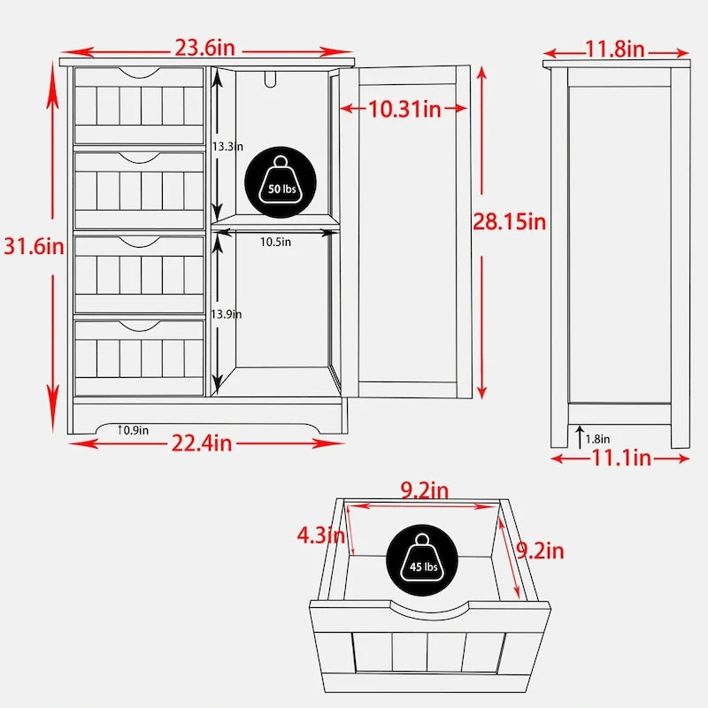 Meuble de rangement de salle de bain sur pieds VEIKOUS avec 4 tiroirs