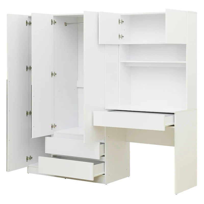 Armoire 3-en-1 avec coiffeuse et bureau, armoire de chambre avec 2 tiroirs et 3 portes de rangement