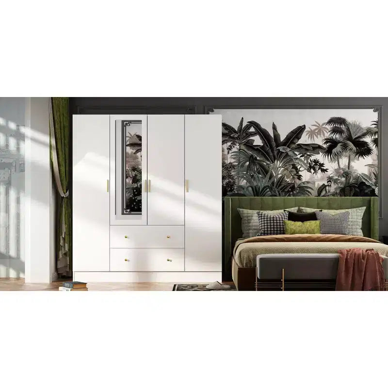 Armoire Hitow avec 2 grands tiroirs, espace central pour suspendre les vêtements et miroir, style minimaliste