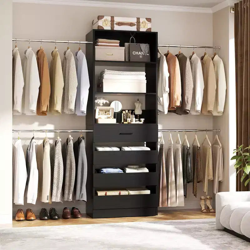 Système d'aménagement de dressing en bois Besiost de 4 à 9 pi avec 4 tiroirs, 4 tringles et des colonnes d'étagères