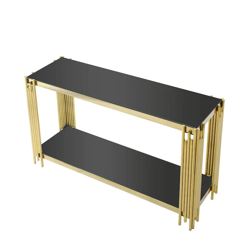 Table console étroite à 2 niveaux avec structure métallique finition or et plateau en verre trempé