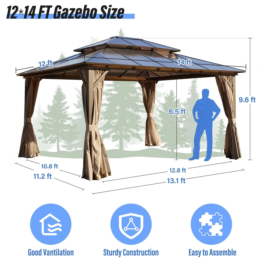 Gazebo EROMMY con tetto rigido, pergola da esterno con doppio tetto, rete e tende, copertura robusta per patio, giardino e feste in piscina