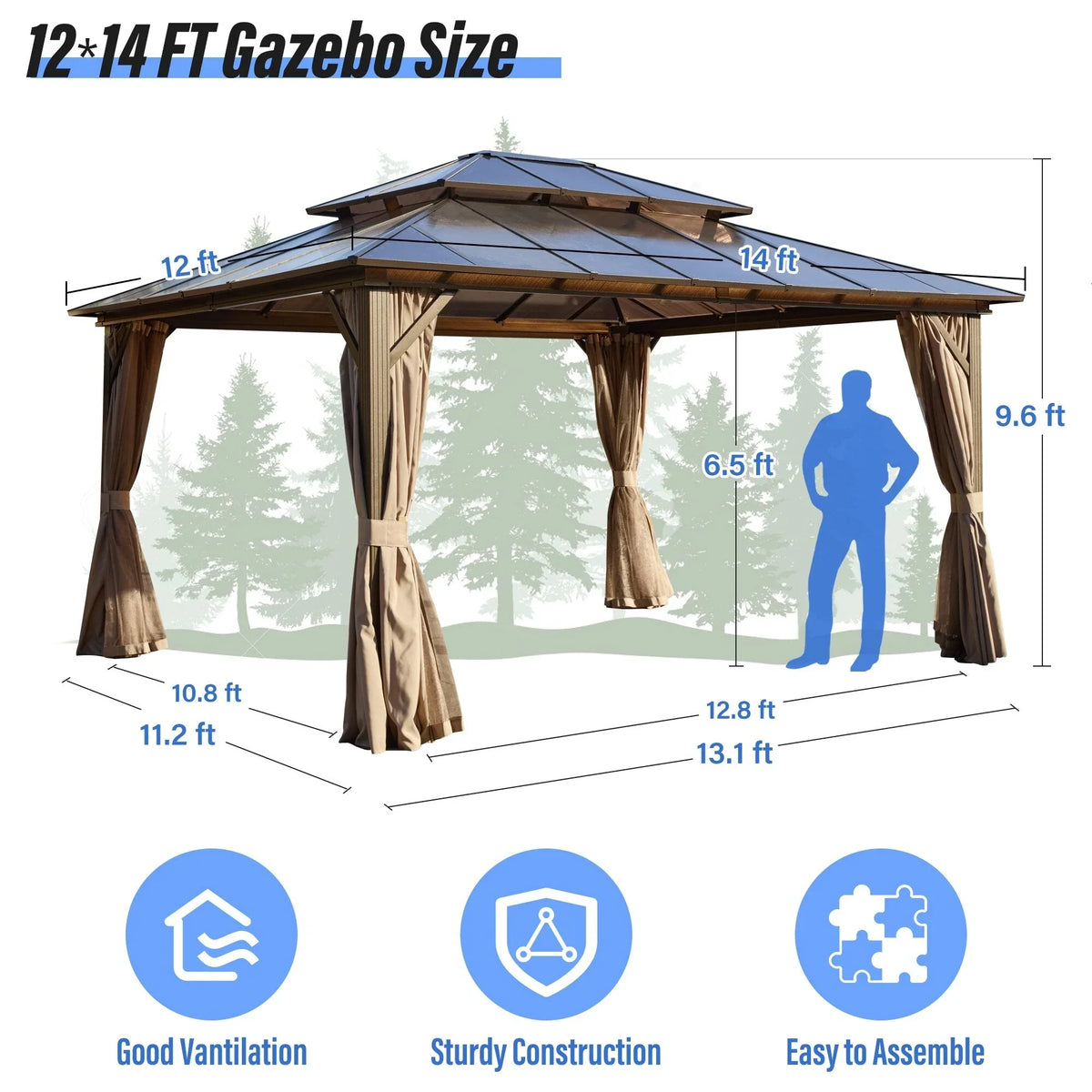 Gazebo EROMMY con tetto rigido, pergola da esterno con doppio tetto, rete e tende, copertura robusta per patio, giardino e feste in piscina