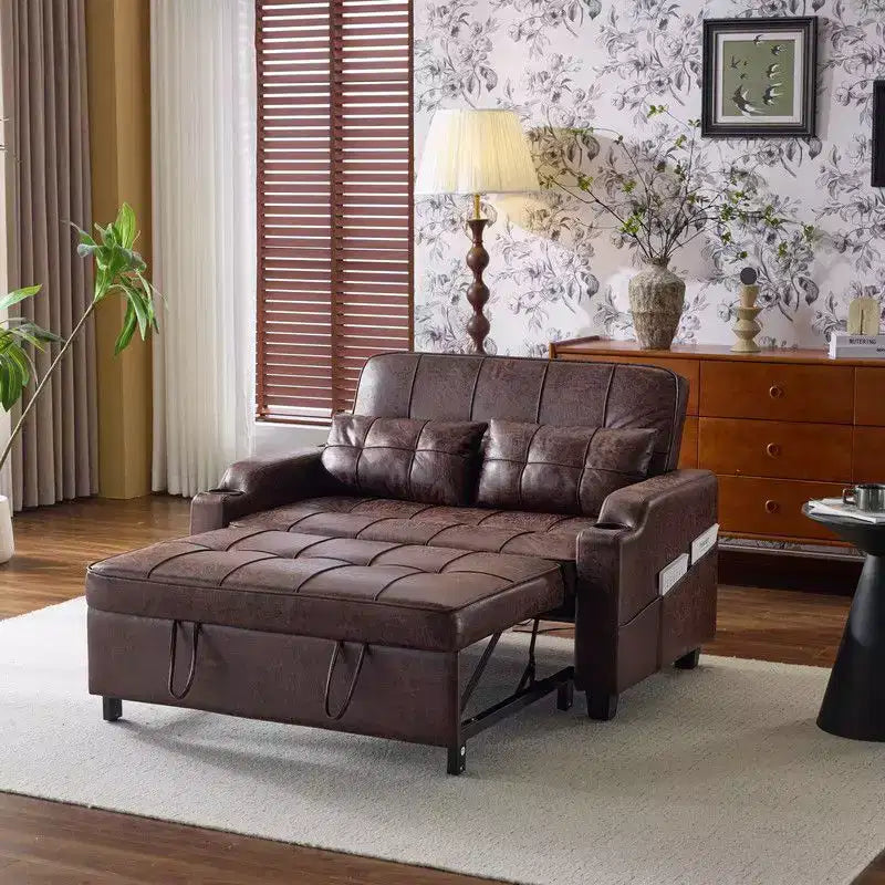 Gepolsterte, umwandelbare Schlafcouch mit Relaxfunktion aus Cat's-Claw-Leder, Kissen inklusive, für kleine Räume