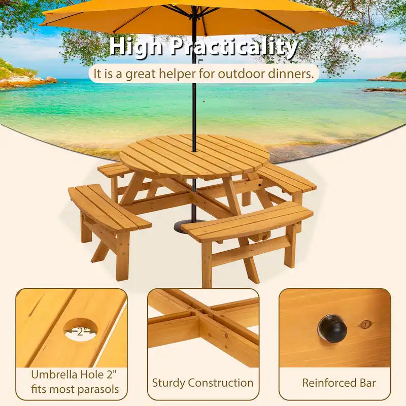 Ensemble de pique-nique rond en bois de sapin pour terrasse extérieure, pour 8 personnes, avec 4 bancs intégrés et un trou pour parasol