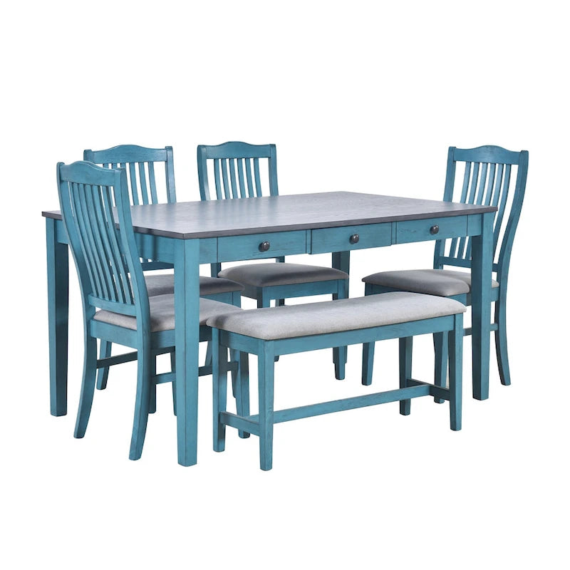 Ensemble de salle à manger en bois de 6 pièces avec 4 chaises et un banc, table avec tiroir