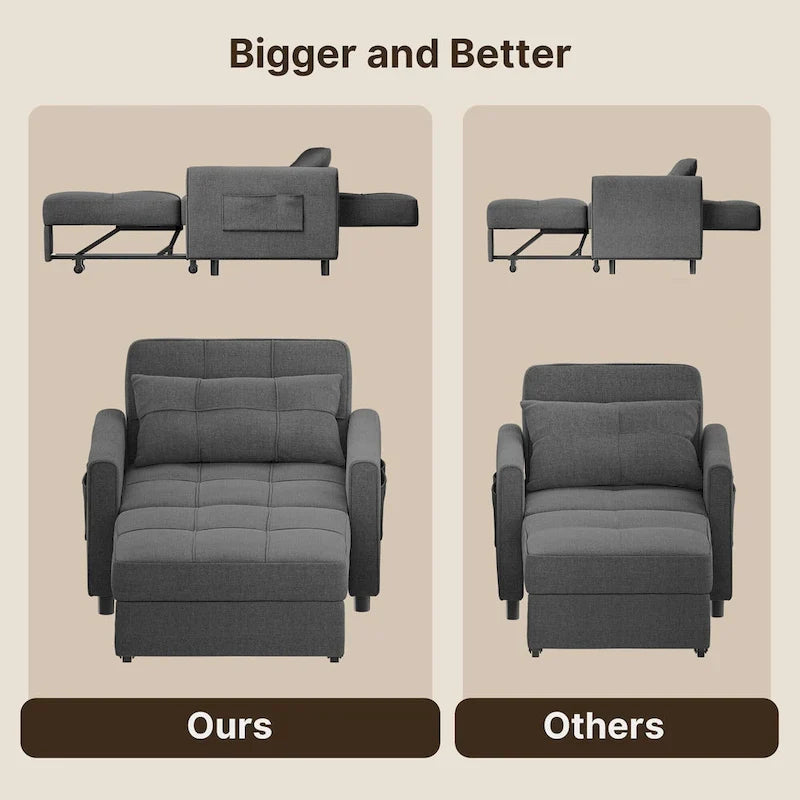 Fauteuil convertible 3-en-1 avec lit escamotable, canapé lounge rembourré convertible, réglable et pliable
