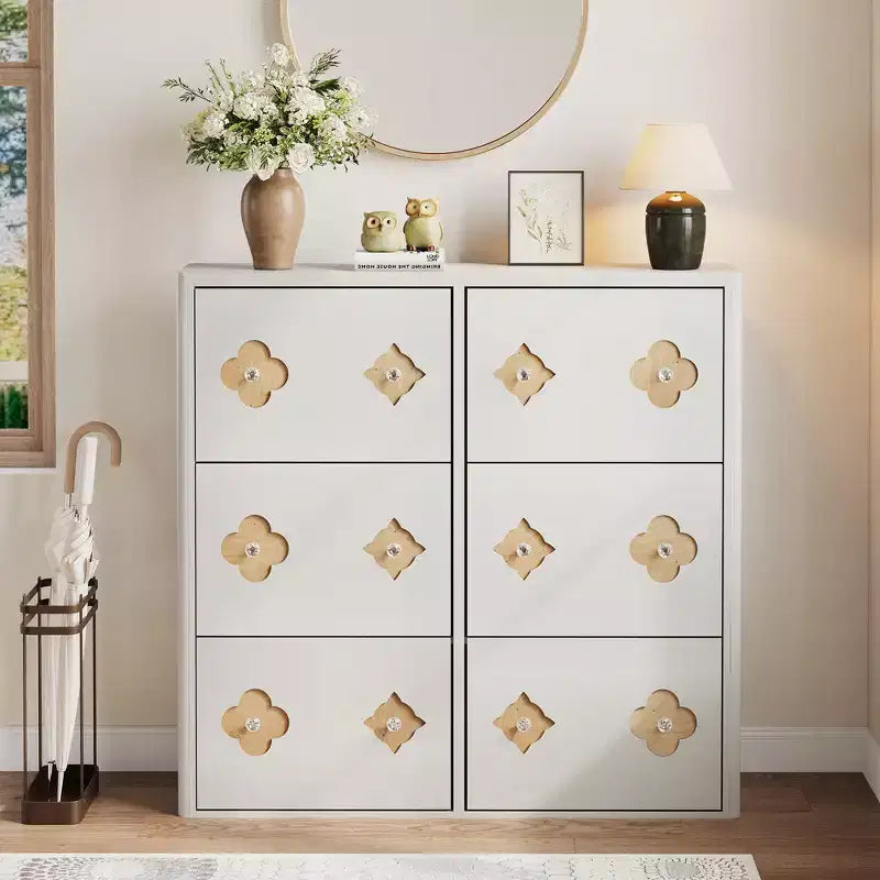 Meuble à chaussures en bois avec 6 tiroirs basculants, étagères réglables, motif floral, poignées en losange, rangement mince sur pied pour l’entrée