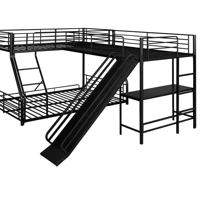Metall-Etagenbett mit Einzelbett oben und Doppelbett unten, L-förmiges Etagenbett für 3 Kinder, robustes dreistöckiges Etagenbett mit Schreibtisch und Rutsche, Schwarz