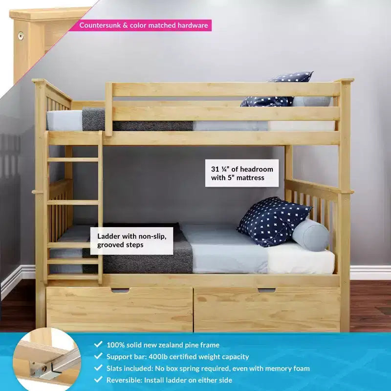 Letto a castello in legno massello per bambini, con due letti singoli sovrapposti e cassetti contenitori sotto il letto