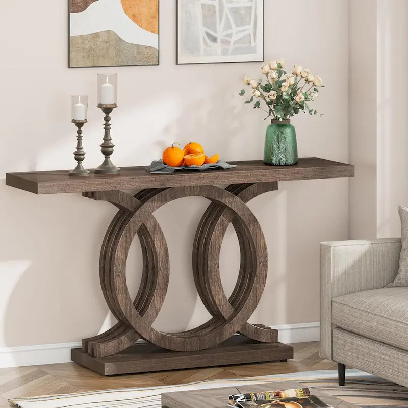 Table console vintage en bois pour couloir, avec piètement géométrique