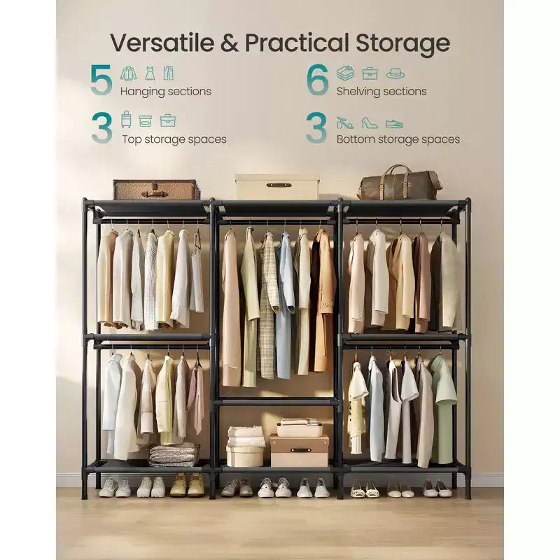 Portant à vêtements SONGMICS, organisateur de placard robuste avec tringles et étagères, charge totale de 297 lb, montage facile, noir d’encre