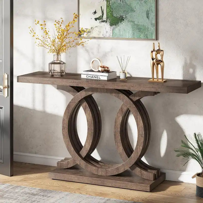 Table console vintage en bois pour couloir, avec piètement géométrique