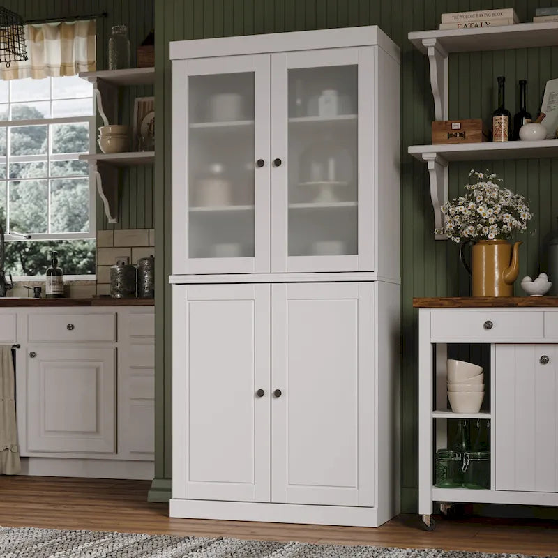 Credenza dispensa in legno massello al 100% con ante in vetro satinato, ante piene, 2 cassetti e ripiani regolabili