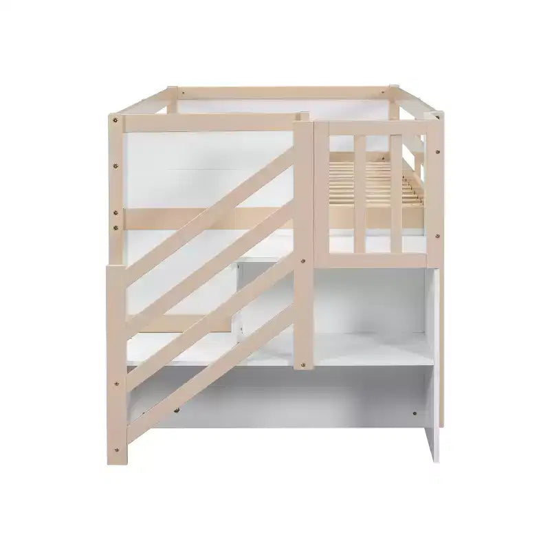 Lit mezzanine bas en bois massif, format simple, 94.6L x 42.3W, avec escalier, tiroir et étagère, design moderne et épuré