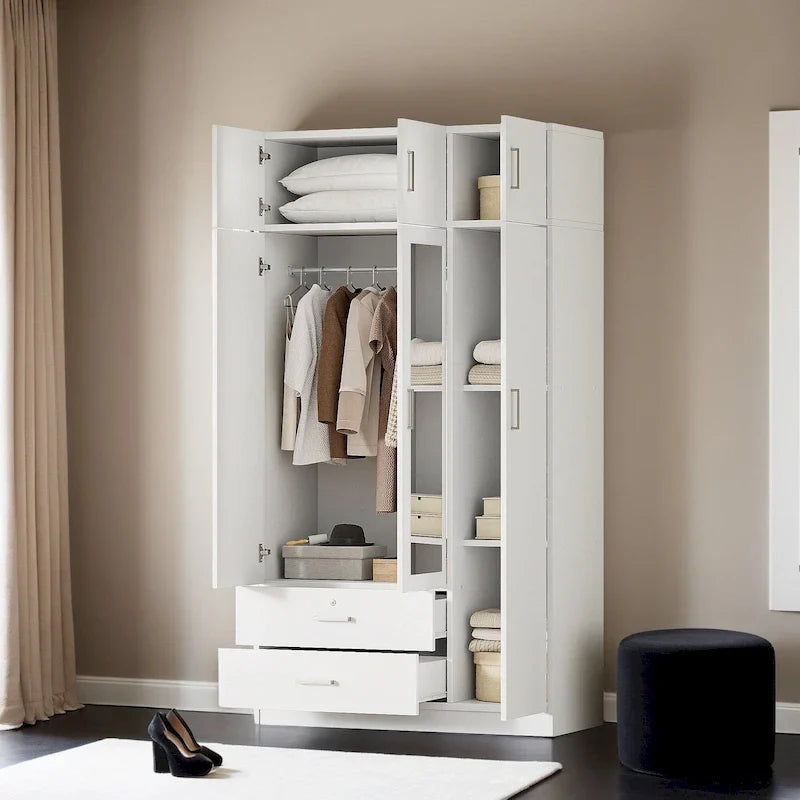 Armoire à 3 portes avec miroir, 2 tiroirs et placard supérieur