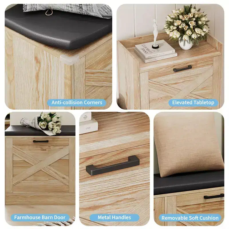 Schuhschrank im Landhausstil, Flurbank aus Holz mit 4 Klappschubladen, schmaler, versteckter Schuhorganizer, freistehendes Schuhregal für Flur und Eingangsbereich
