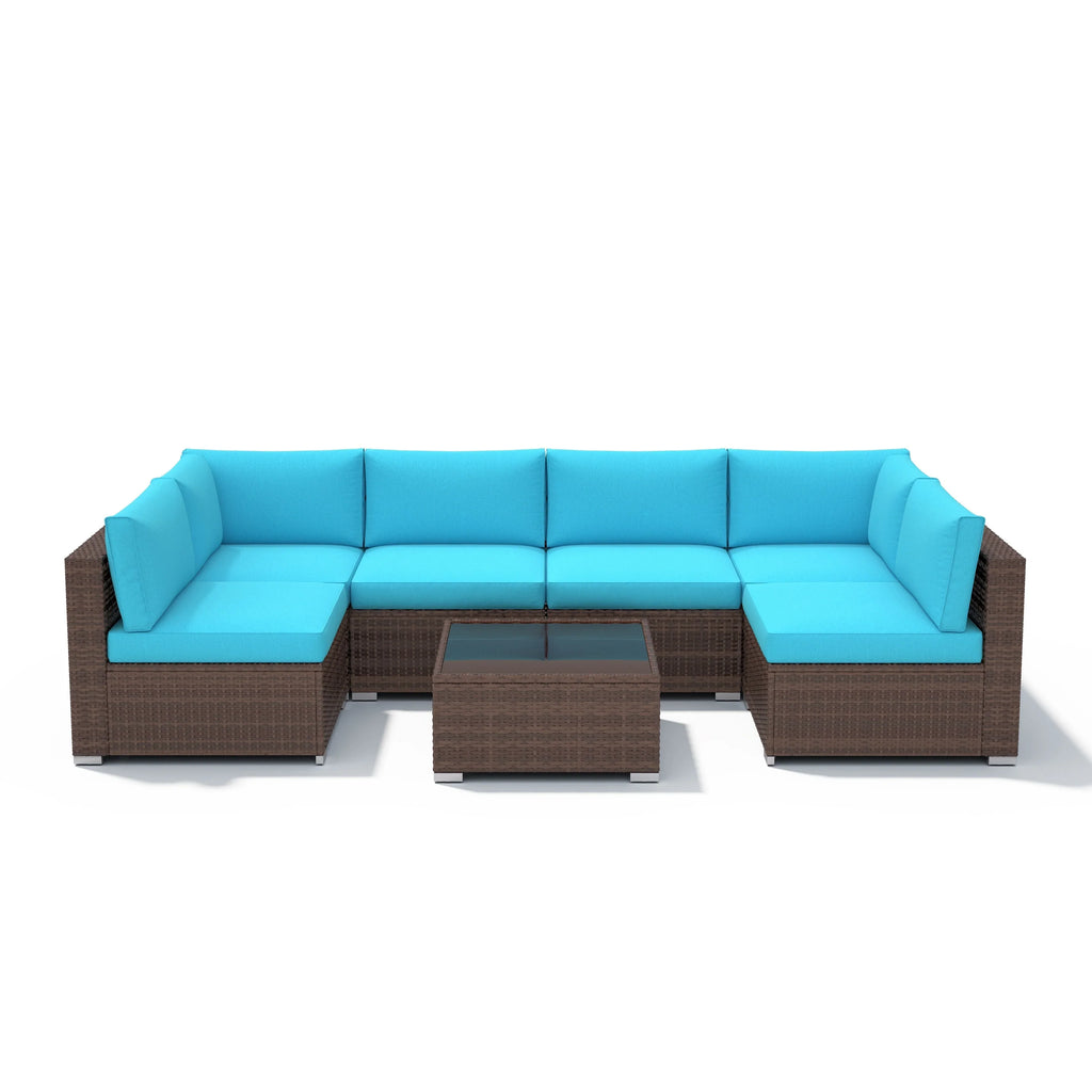 7-teiliges Outdoor-Ecksofaset aus Rattan und Stahl mit Kissen