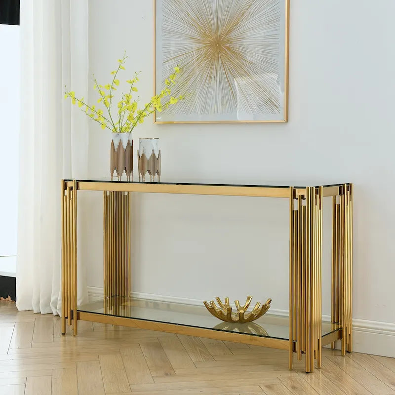 Table console étroite à 2 niveaux avec structure métallique finition or et plateau en verre trempé