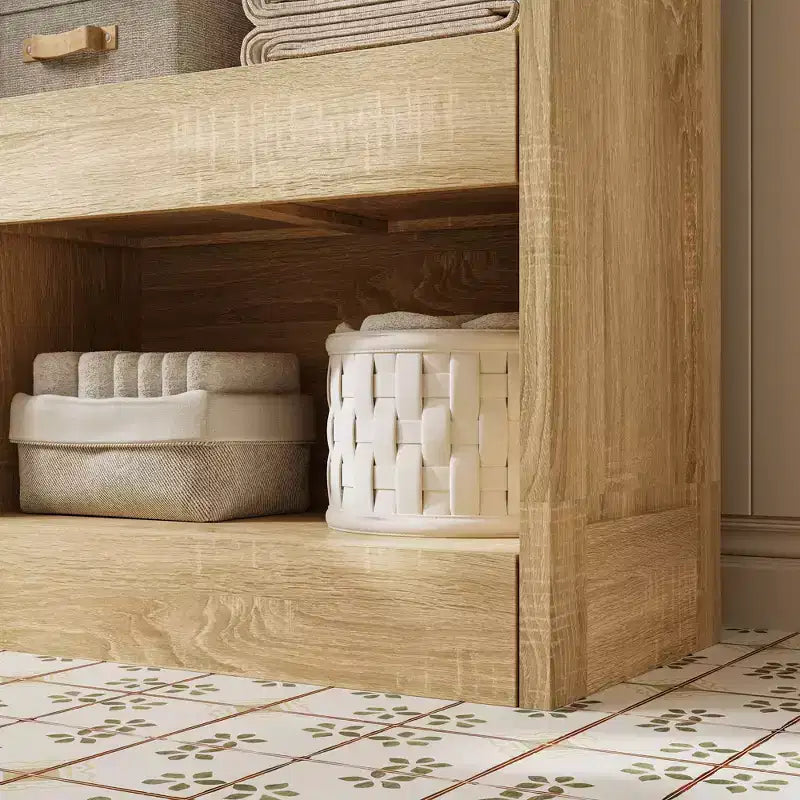 Mobile contenitore da bagno in legno con ripiani e cassetto organizer per articoli da toilette