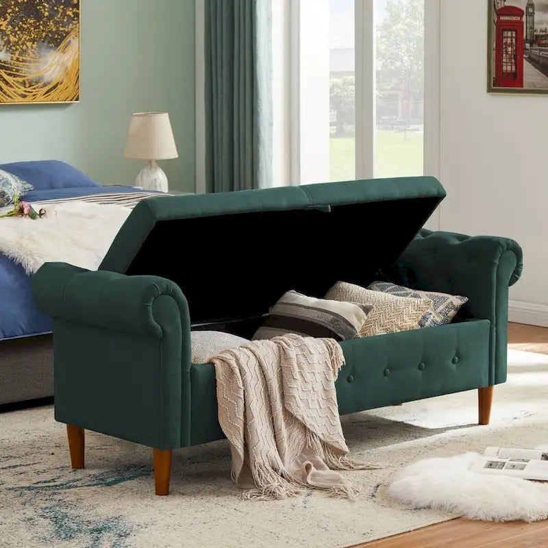 Aufbewahrungsbank fürs Schlafzimmer am Fußende des Bettes, Samt-Ottomane mit gerollten Armlehnen, langes Sofa