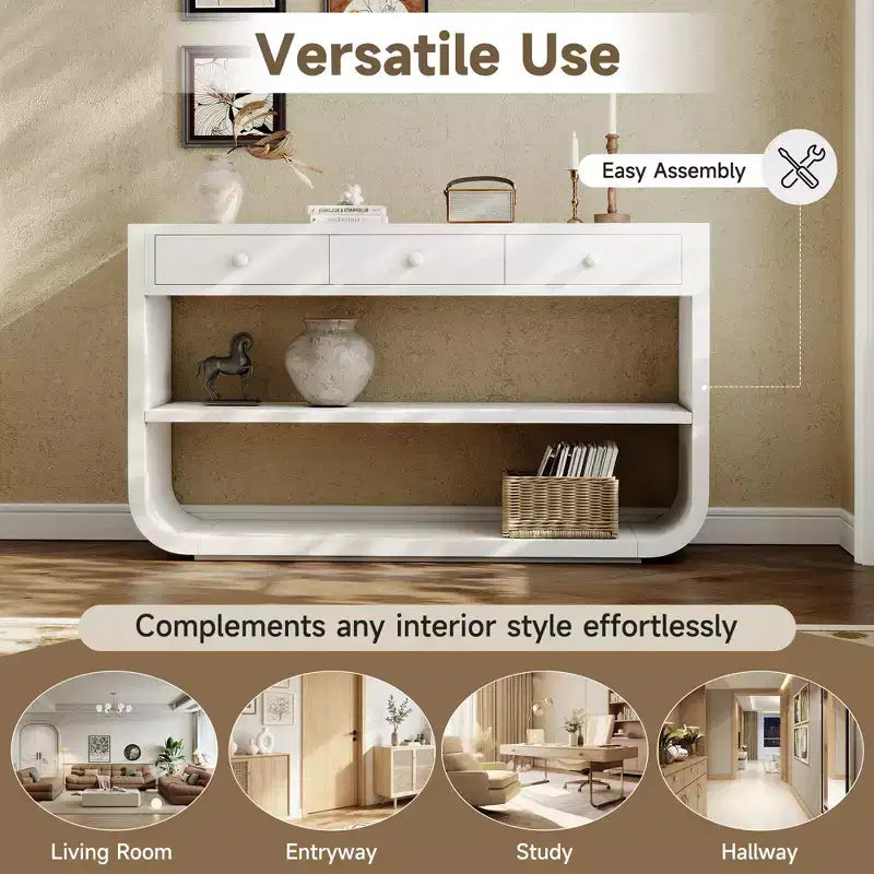 Tavolo consolle curvo ModernLuxe, tavolo d'ingresso, tavolino laterale per divano, espositore, tavolino d'accento con 3 cassetti a chiusura ammortizzata e 2 ripiani aperti
