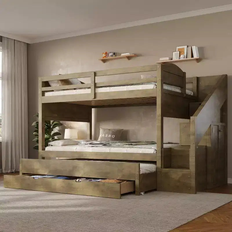 Struttura letto a castello singolo Whisen XL con letto estraibile, letto a castello con contenitore, legno massello, scala contenitore, armadio, 3 cassetti, per bambini