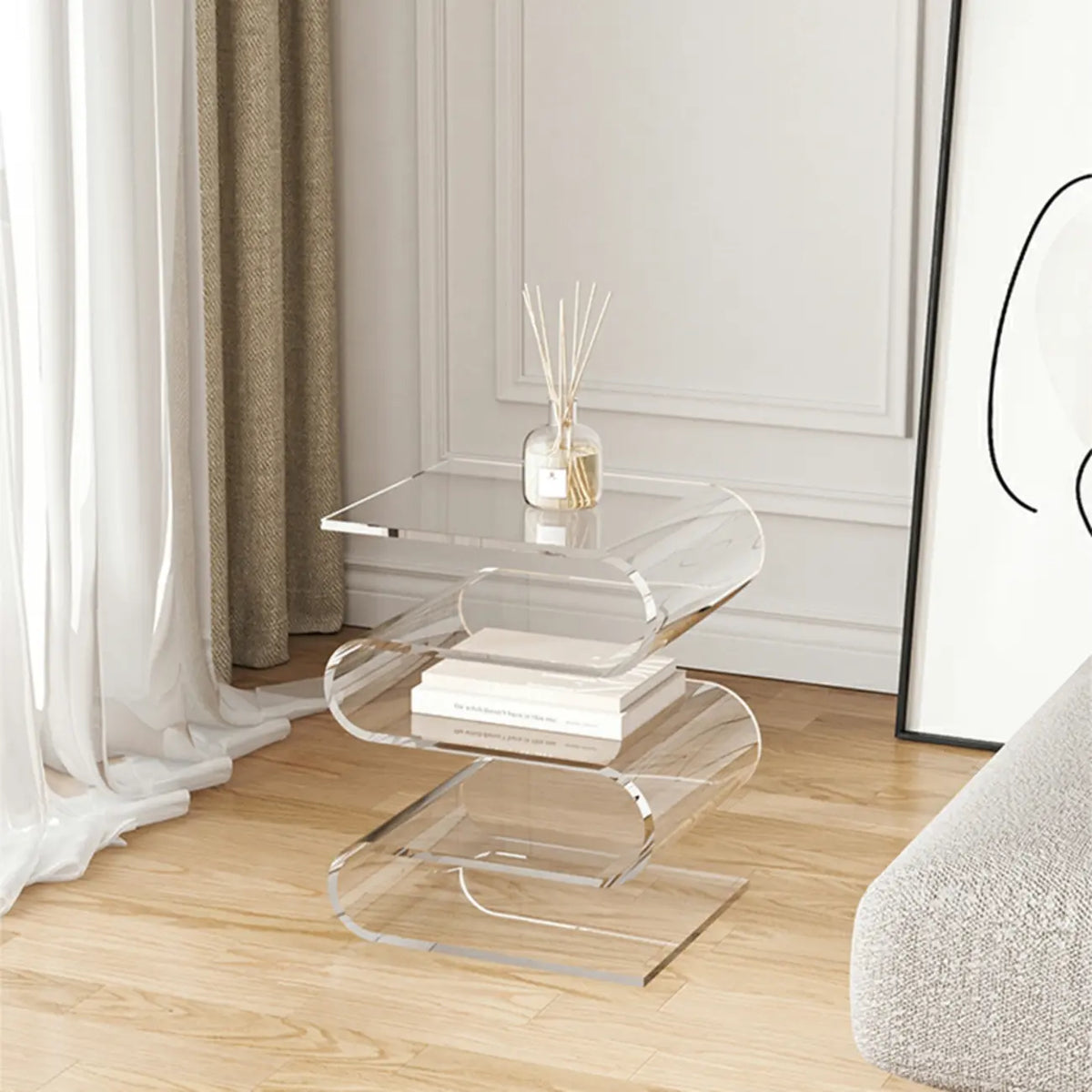 Table d’appoint contemporaine en acrylique en forme de S avec rangement