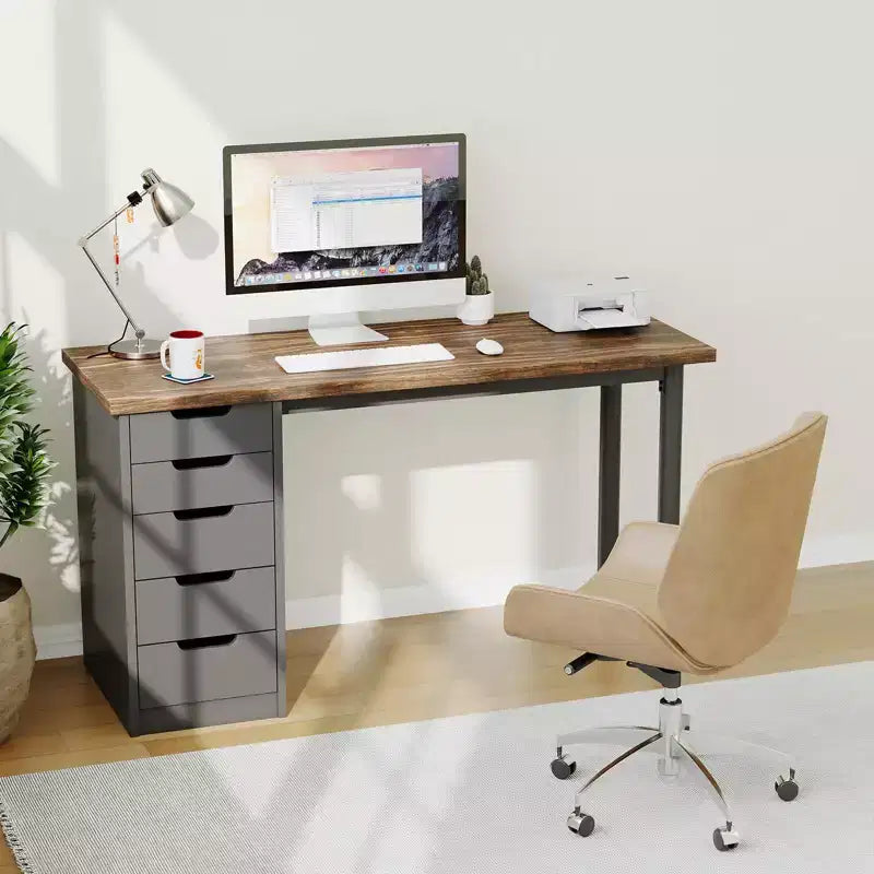 Bureau d’ordinateur de 47 pouces avec 5 tiroirs de rangement, table d’étude et d’écriture réversible au style rustique moderne, poste de travail pour bureau à domicile et petits espaces
