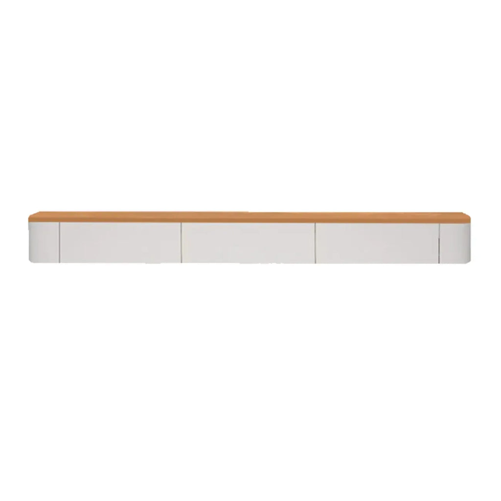 Meuble TV suspendu contemporain, long, en bois blanc, avec tiroirs