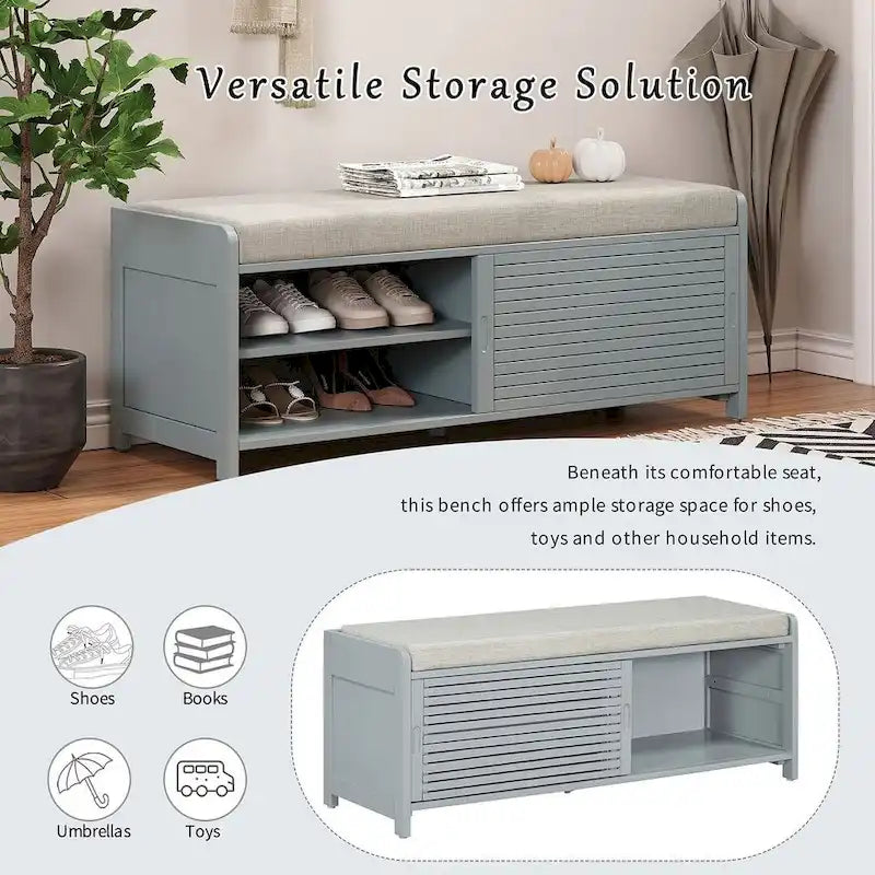Banc de rangement en bois massif de 43.30 pouces avec persiennes vieillies contemporaines