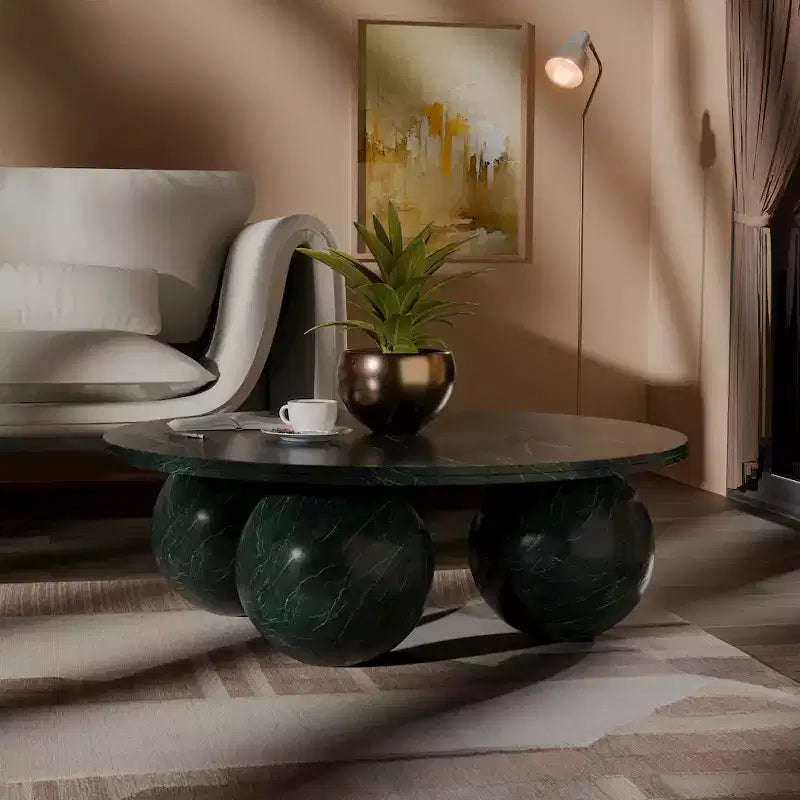Table basse ronde en marbre avec pieds sphériques, multicolore, pour 4 personnes??