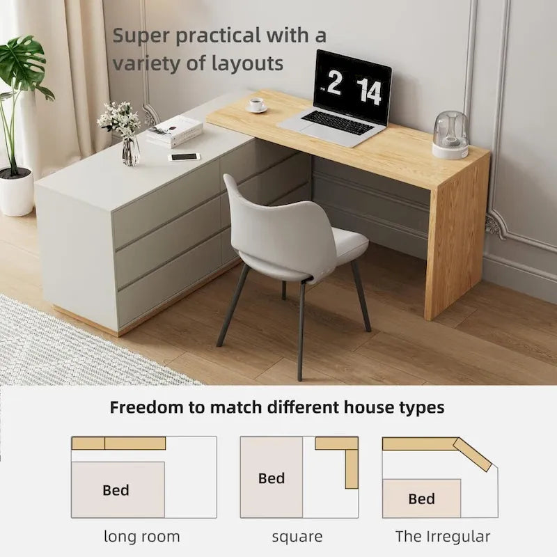 Bureau d’angle blanc de 55.2 pouces avec 6 tiroirs de rangement