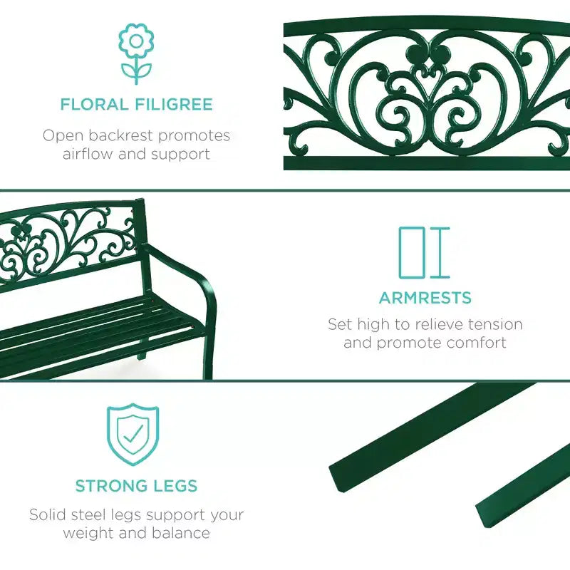 Best Choice Products Gartenbank aus Stahl für Terrasse und Veranda mit floral gestaltetem Rückenteil