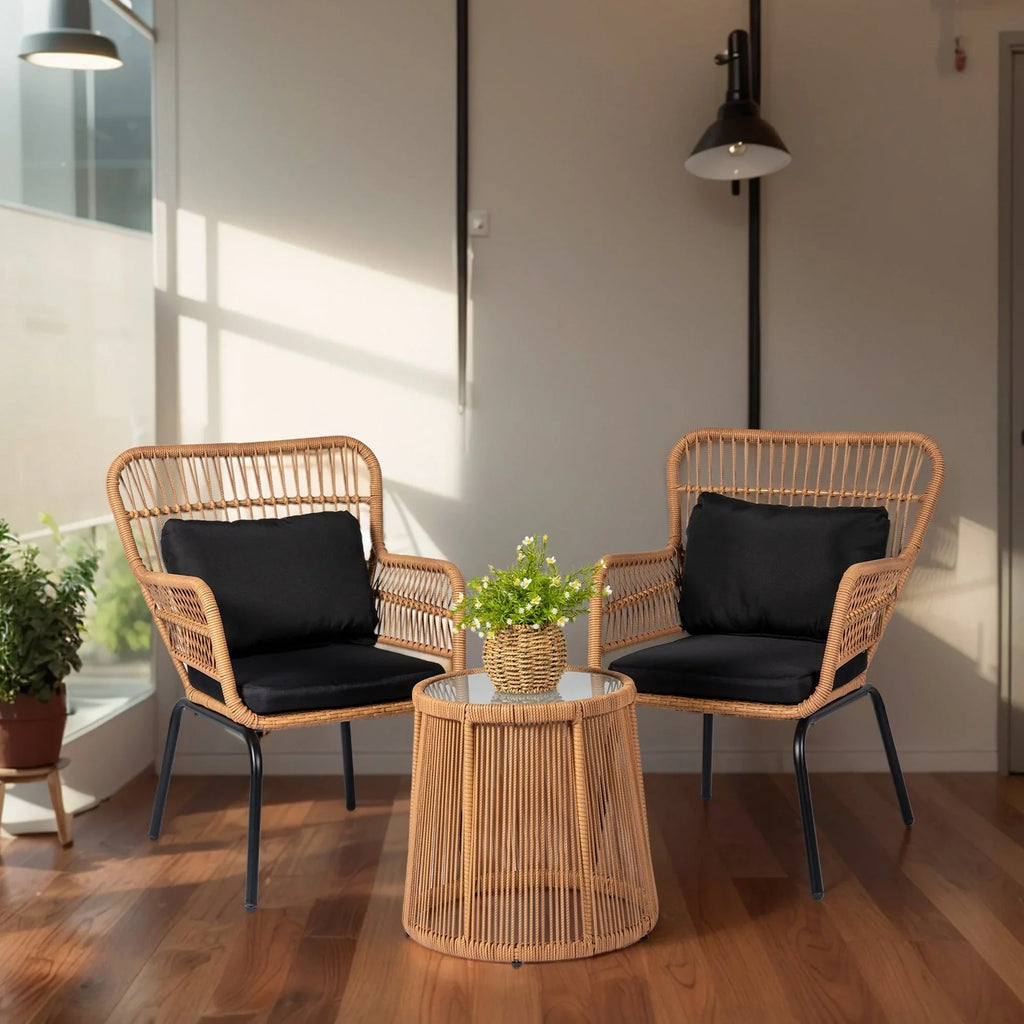 Ensemble bistro de jardin en osier de 3 pièces, ensemble de fauteuils de patio en rotin toutes saisons avec coussins