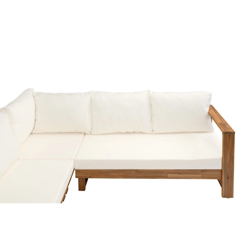 LSet di divani componibili angolari per patio con tavolo, chaise longue da esterno in legno, set conversazione da 4 pezzi