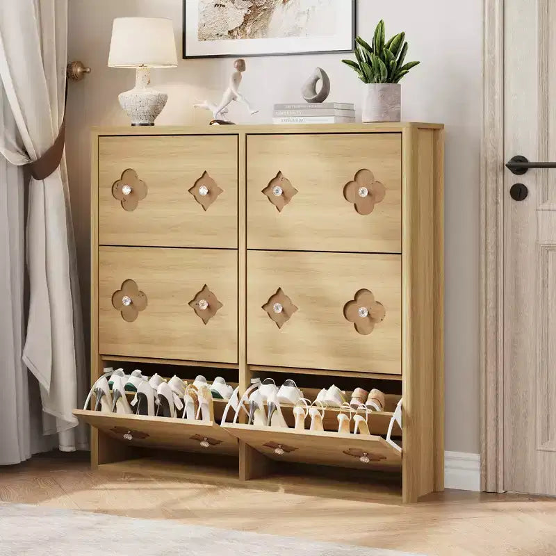 Meuble à chaussures en bois avec 6 tiroirs basculants, étagères réglables, motif floral, poignées en losange, rangement mince sur pied pour l’entrée