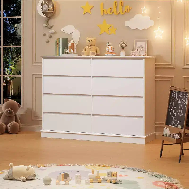Mobile contenitore con 8 cassetti, cassettiera con cassetti profondi, ampio piano superiore e design largo, per soggiorno, corridoio o cameretta