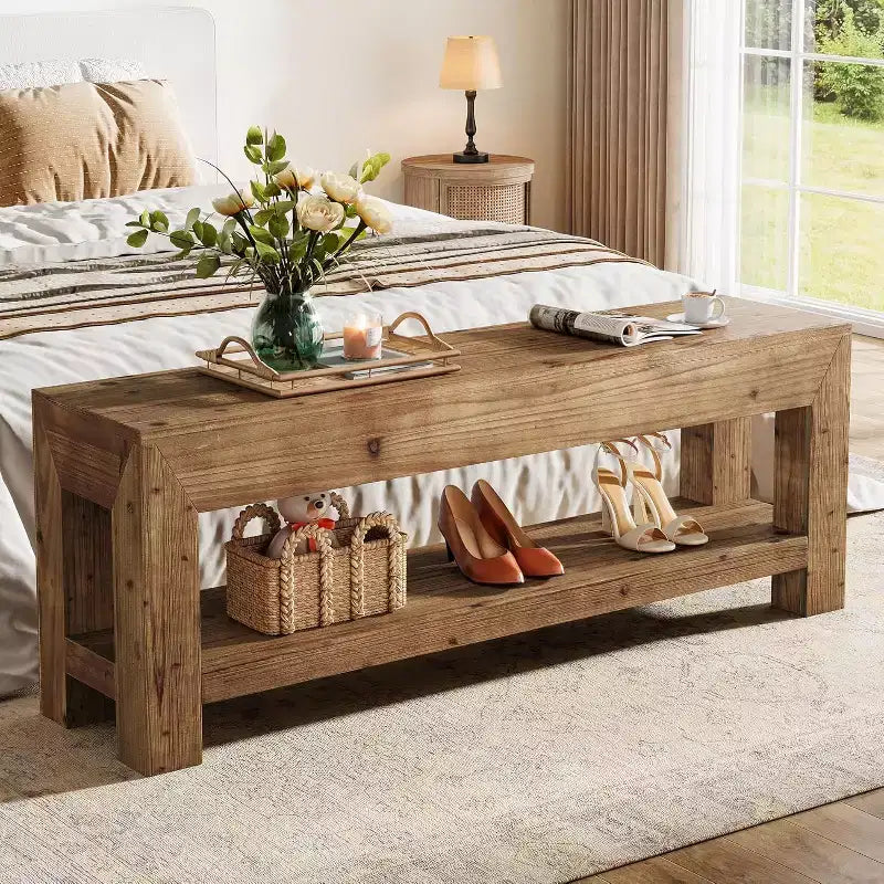 Banc d’entrée de 47.24 en bois massif avec étagères ouvertes, marron rustique