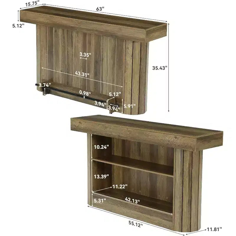 Lantine bartafel, houten thuisbar van 63-inch met metalen voetsteun, pubtafel met opbergrekken voor woonkamer, bistro en eetkamer (bruin)